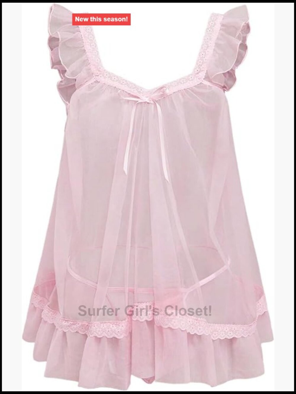 2 Piece Mesh Lace Sheer Babydoll Lingerie Set Nightwear